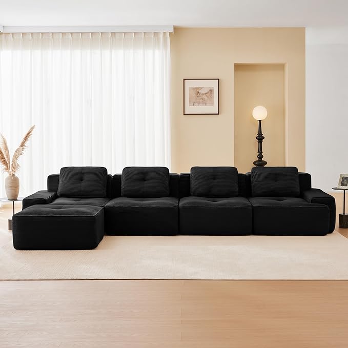 150.4'' Sectional Sofa, 32D Foam Corduroy Boneless Couch with Pillow, Deep Seat Wide Arm Sectional L Shaped Couch for Living Room, Apartment, Bedroom