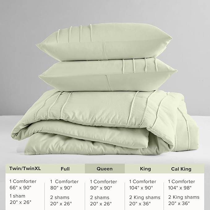 Comfort Spaces Sage Queen Comforter Set - 3 Pieces Pintuck Pleated Bedding Sets Queen, All Season Lightweight, Extra Softness Pre-Washed Microfiber Queen Bed Set, Shams, Full/Queen, AM10-0135