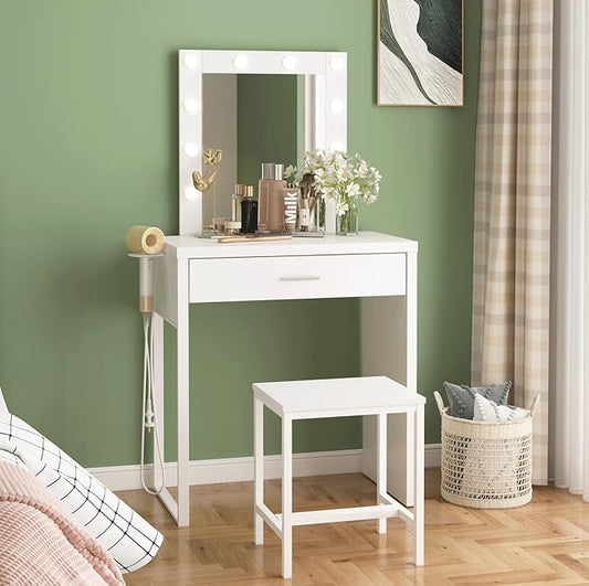 Makeup Vanity Desk with Mirror and Lights, Small Vanity Table and Chair Set,White Makeup Table with 10 LED Lights,Dressing Table for Bedroom,27.6in(L)