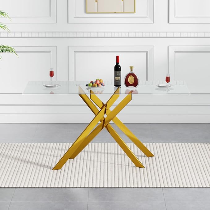 Goujxcy 5 Piece Glass Dining Table Set Modern Glass Dining Table Set for 4, 51" Rectangular Kitchen Table and 4 Velvet Upholstered Chairs for Kitchen Dining Room, Gold Table & Blue Chair