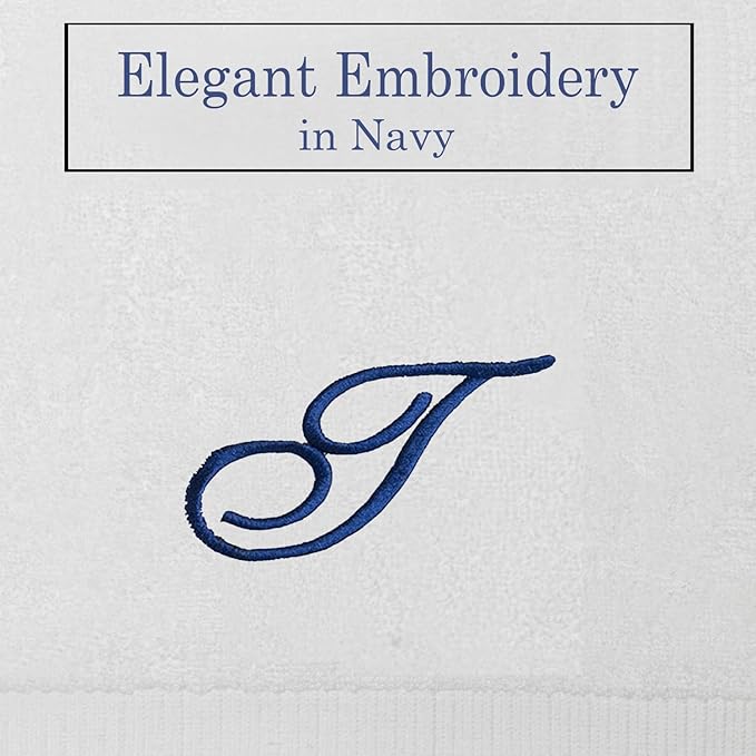 White Monogrammed Hand Towels for Bathroom - Luxury Hotel Quality Personalized Initial Embroidered Towel for Powder Room, Spa - GOTS Organic Certified - Set of 2 Navy Letter T