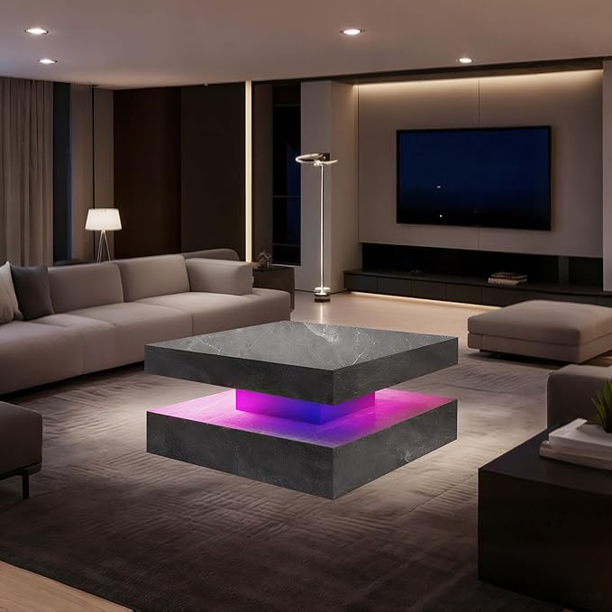 LED Coffee Table for Living Room, 2-Tier Modern Square Center Table with Music Sync Lights, High Gloss Surface, 30 3/4" x 30 3/4" (Grey)