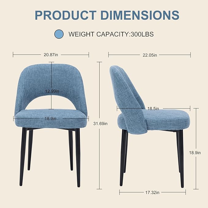 Modern Dining Chairs, Fabric Upholstered Accent Kitchen Chairs with Comfy Padded Seat & Sturdy Metal Legs, Side Farmhouse Chairs for Dining Room, Living Room, Restaurant (Blue, Set of 6)