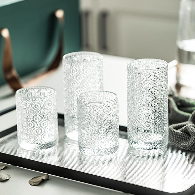 Glass Cups Vintage Glassware Set of 4, Drinking Glasses 12.5oz, Embossed Pattern Style Transparent Cocktail Glasses Set, for Ice Coffee,Juice,Beer,Bar Beverages,Drinkware, Transparent (L)