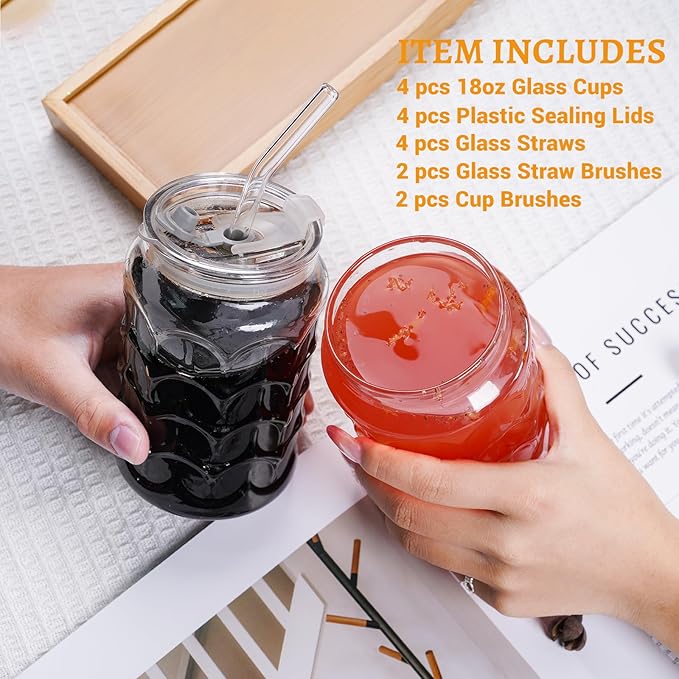 Jiuchen 4-Pack 18oz Borosilicate Glass Cups with Leakproof Lids & Straws,Multi-Use Tumblers for Office and Home - Iced Coffee, Smoothies, Cocktails, Juice, Iced Tea & Protein Shakes, Dishwasher Safe