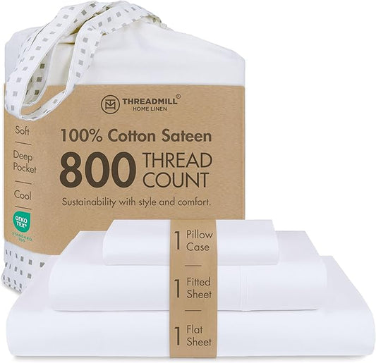 Threadmill Luxury 800 Thread Count Twin 100% Cotton Sheets - Hotel White Sateen Weave Bed-Sheets, Better Than Egyptian Cotton,3 Pc Solid Soft Bedding Set, Fits 15" Deep Pocket