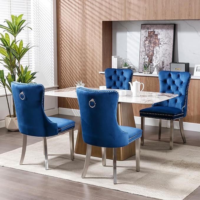 Luxury Upholstered Dining Chairs Set of 2, Blue Kitchen Chair with Silver Metal Legs, Velvet Tufted Back Dining Chair, Sillas de Comedor, Modern Kitchen & Dining Room Chairs (Blue, 2 Pcs)