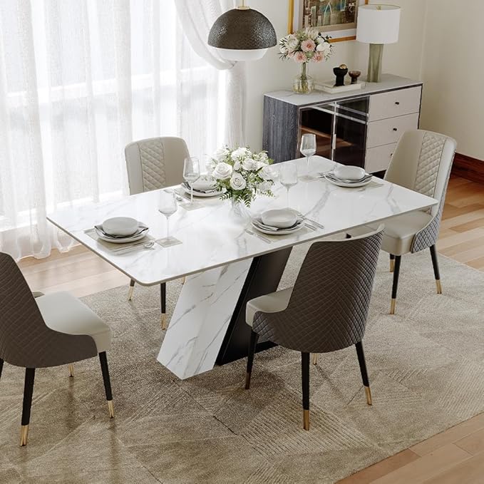 POVISON 71" Luxury Modern Dining Table for 6, Sintered Stone Dining Table Top with Z-Shaped Stainless Steel Pedestal, Rectangle Dining Room Table (Table Only)
