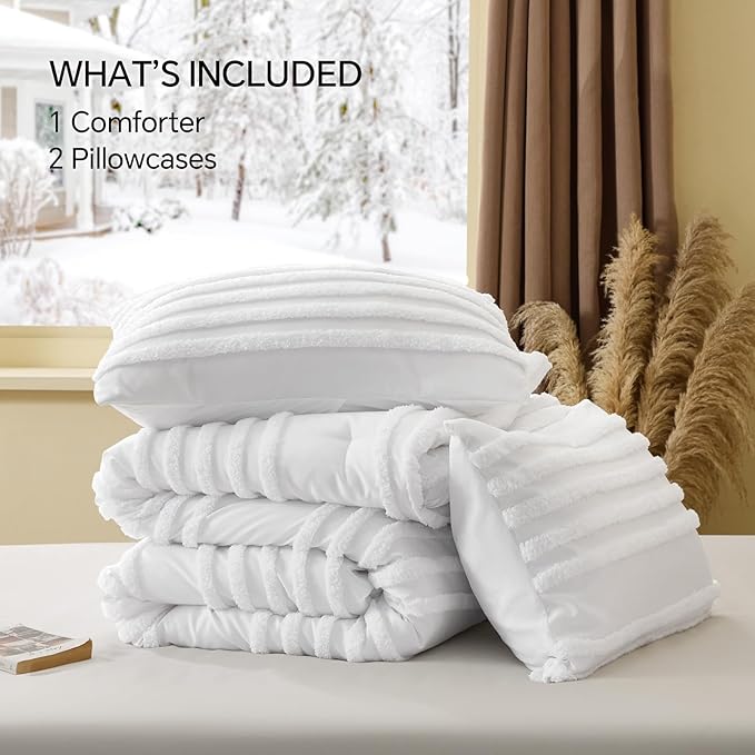 BEDELITE Boho Comforter Set Queen Size, White Tufted Striped Bed Set 3 Pieces, Soft Vintage Farmhouse Comforter for All Seasons, Boho Home Decor,Fluffy Jacquard Bedding with 2 Pillow Shams