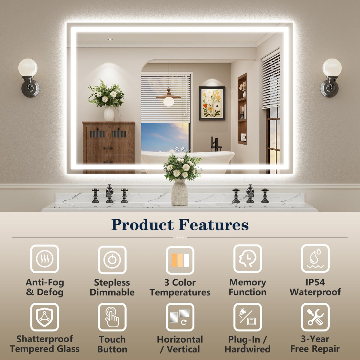 VEEYLOS 55x40 Inch LED Bathroom Mirror with Lights, Backlit & Front Lit