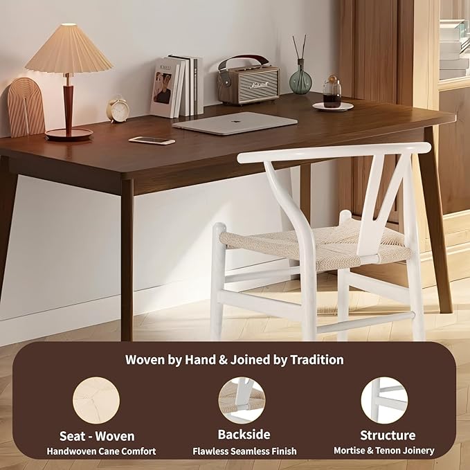 Tomile Wishbone Chair Y Chair, Wooden Dining Chairs, Mid Century Modern Chairs with Arms, Solid Wood Weave Seat Kitchen & Dining Room Chairs (Ash Wood - White)