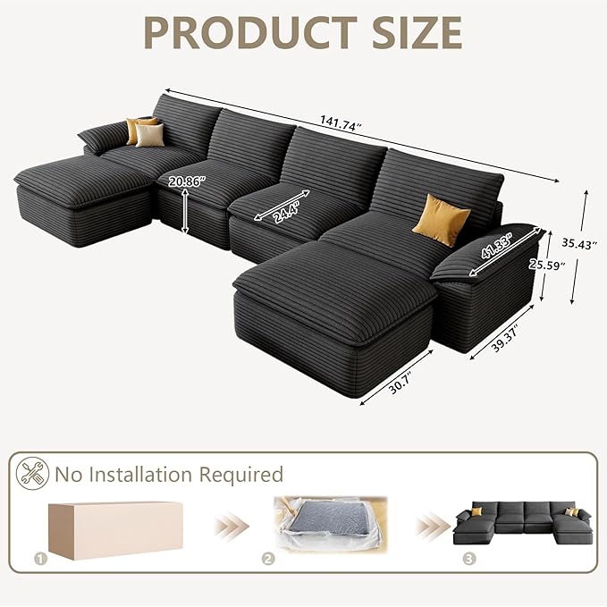142" Cloud Sectional Couch with U-Shaped Chaise, Corduroy Sectional Sofa with Ottoman, Boneless Couch with Deep Seat in a Box for Living Room, No Assembly Required (Dark Grey)