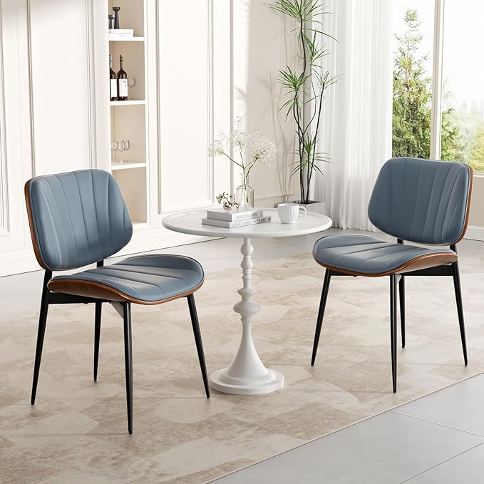 Dining Chair, Mid Century Modern Dining Room Chairs, Upholstered Faux Leather Kitchen Chairs with Walnut Bentwood Back and Metal Legs for Kitchen Dining Room Living Room, Blue