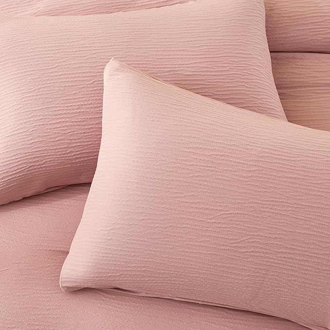 King Size Comforter Set Dusty Rose - Double-Layer Crinkle Gauze Bed Set, 3 Pieces Soft Bedding Set for All-Season, Lightweight Warmth with 2 Pillowcases