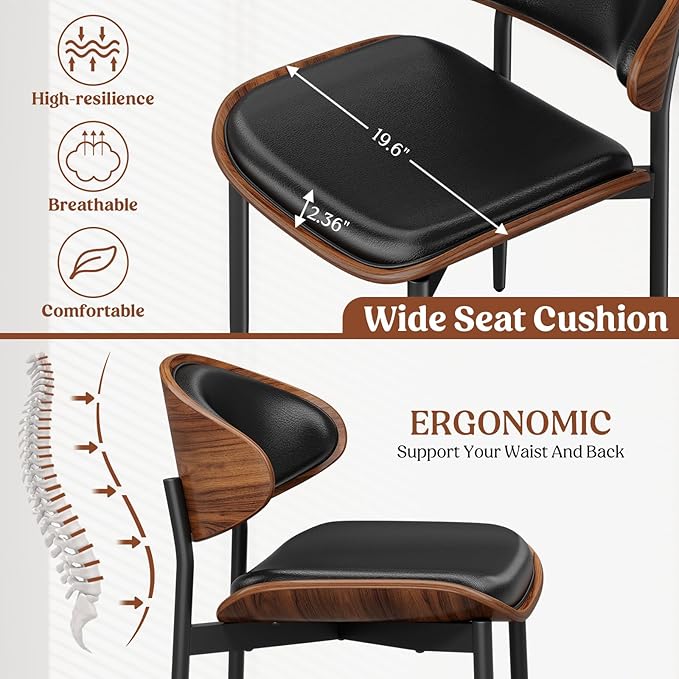 Dining Chairs Set of 8, Mid-Century Modern Upholstered PU Leather Chairs with Walnut Bentwood Back and Metal Legs Adjustable Feet for Kitchen Dining Room, Black PU
