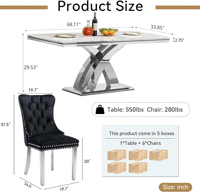 Modern White Marble Dining Table Set for 6,7-Piece Kitchen Table and Chairs for 6,Luxury Silver Dining Room Table Set w/68" Rectangle Dinner Table & 6 Black Velvet Chairs for Kitchen Dining Room