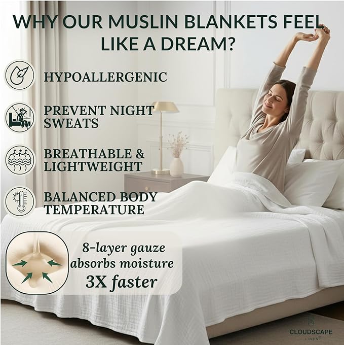 Cloud Scape Linen 8-Layer Muslin Blanket Queen Size - 100% Cotton, Soft and Breathable, Oversized Winter Blanket, Fits up to Full Size Bed, 92x92, White