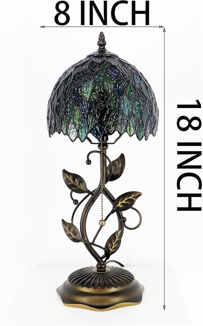Small Tiffany Lamp Multicolor Leafage Style Stained Glass Table Lamps Desk Bedside Reading Light 8X8X18 Inches with Bronze Metal Leaf Resin Base