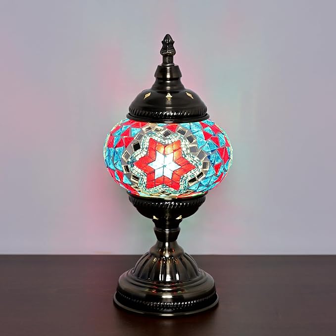 Turkish Moroccan Table Lamp Lantern with Handmade Mosaic Glass Lampshade Tiffany Style Bohemian Stained Glass Decorative Desk Lamps Bedside Night Lights for Bedroom (Blue Red)