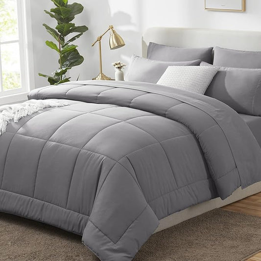 CozyLux Full Size Comforter Sets Grey, 7 Pieces Bed in a Bag, Gray Comforter Full Size, All Season Bedding Sets with Stitch Quilted Comforter, Flat Sheet, Fitted Sheet, Pillowcases