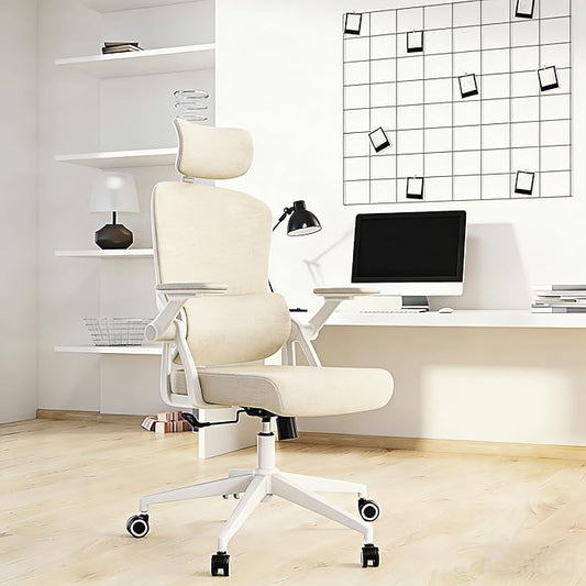 Ergonomic Office Chair - 400LB Comfy Desk Chairs with Adjustable Headrest and Lumbar Back Support, Mesh Computer Chairs with Wheels and Arms for Home Office, Study, Bedroom and Dorm (01khaki)