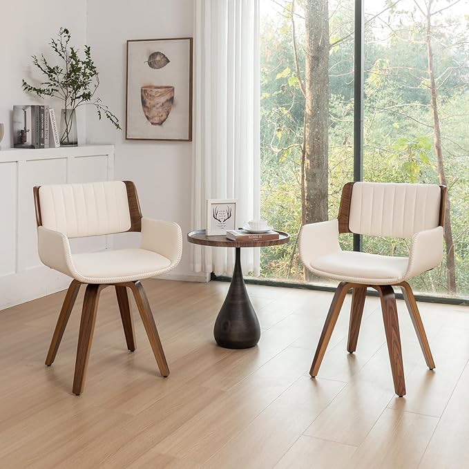LUNLING Swivel Accent Faux Leather Dining Chairs, Mid Century Modern Chairs with Wooden Legs/Armrest/Upholstered Seat/Adjustable Foots for Kitchen Dining Room Desk Chairs,Beige,1PCS