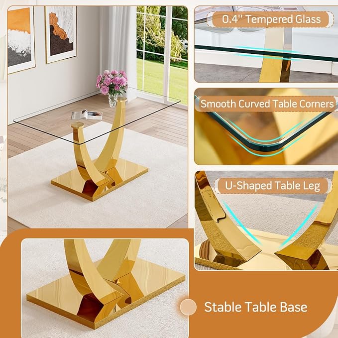 AZmac 63" Glass Dining Table Set for 4,Luxury Gold Dining Room Set with Stainless Steel Pedestal, Rectangular Tempered Glass Kitchen Table with PU Leather Chairs, for Kitchen Apartment