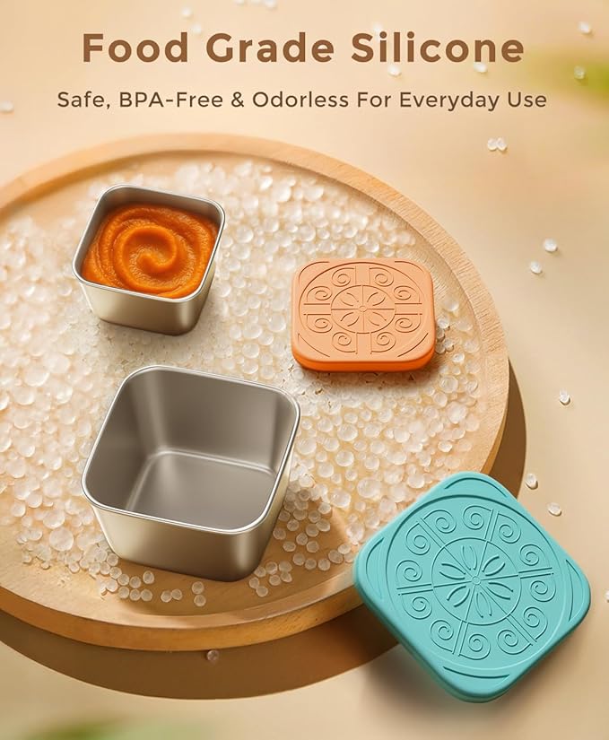6 Pack 6oz Stainless Steel Snack Containers and 2oz Salad Dressing To Go Containers with Silicone Lids, Reusable Square Meal Prep Condiment Sauce Containers Lunch Box Accessories