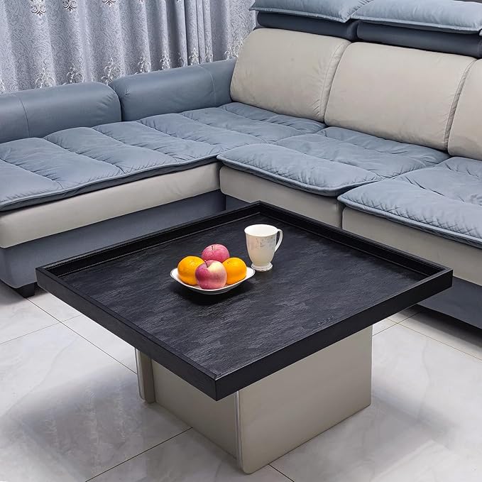 25 * 25 inches Luxury Leather Square Oversized Service Tray, Ottoman & Coffee Tray for Family Dinner, Out-of-House Picnic & Party （25 inch Black）