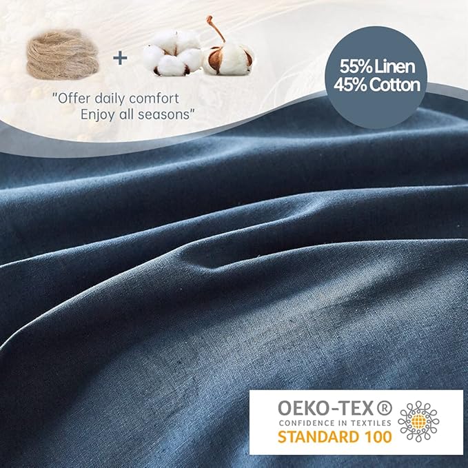 Simple&Opulence French Linen Duvet Cover Set 104"x 92"- 3 Pieces (1 Comforter Cover,2 Pillowcases)-Natural Flax Cotton Blend-Solid Color Breathable Farmhouse Bedding-Navy Blue, King
