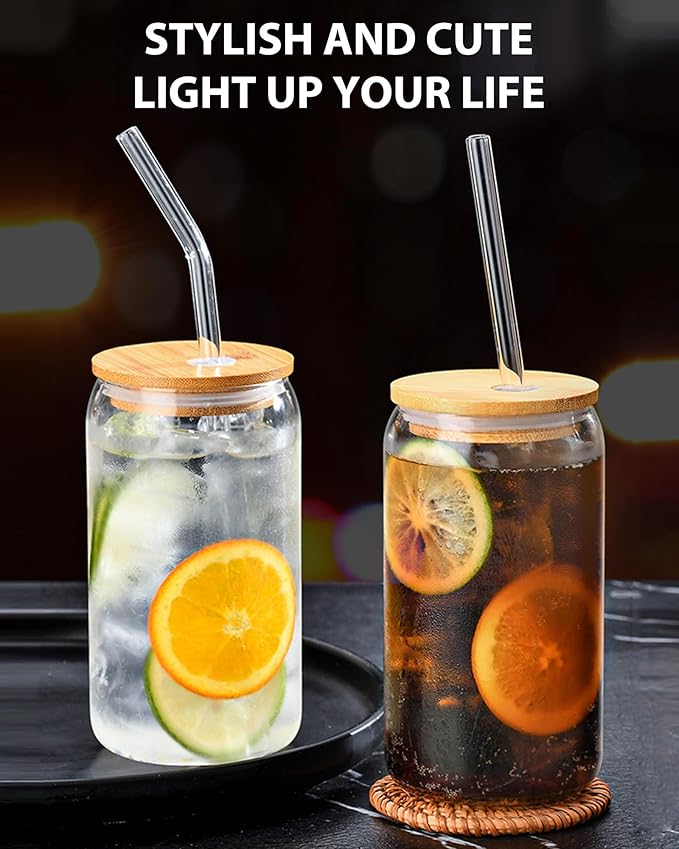 Drinking Glasses with Bamboo Lids and Glass Straw 8PCS Set, 16oz Glass Cups with Lids and Straws, Beer, Iced Coffee Glasses, Soda, Gift 2 Cleaning Brushes