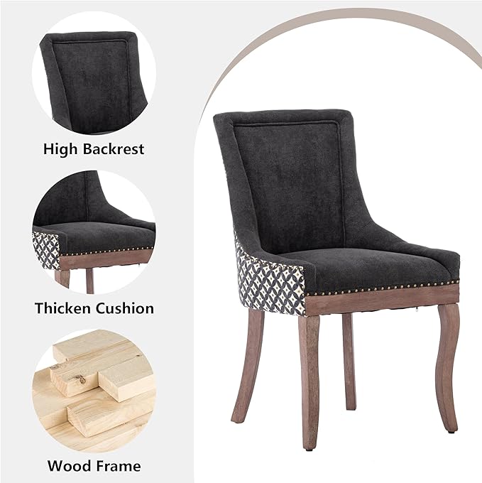 Farmhouse Dining Chairs Set of 4, Upholstered Fabric Dining Room Accent Chairs with Wood Legs & Bronze Nailhead, High Wingback Kitchen Chairs for Living Room Hotel Apartment, Black