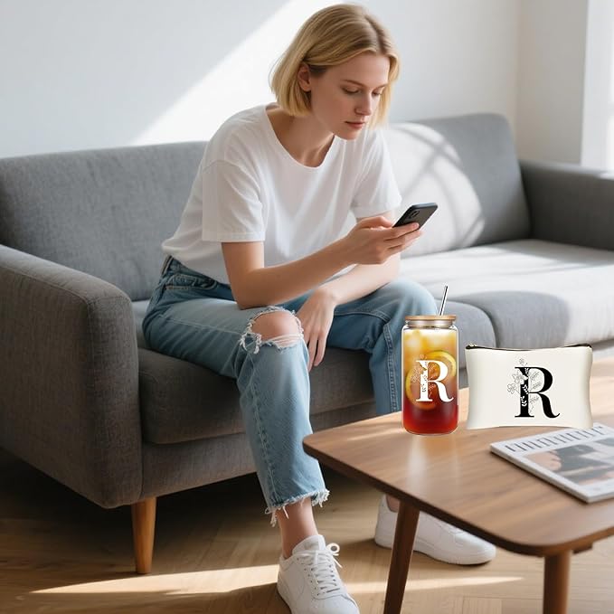 Unique Initial Glass Cup with Lids and Straws, Monogrammed Gifts Box Included Makeup Bag, Christmas Birthday Gifts for Women Mom Sister Grandma, R