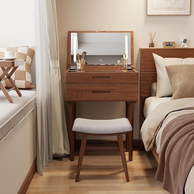 Solid Wood Small Vanity Desk with Mirror and Lights, Narrow Makeup Vanity for Small Space, Flip Top Vanity Side Table, 3 Color Modes & Adjustable Brightness, 23.6" Slim Dressing Table, Walnut