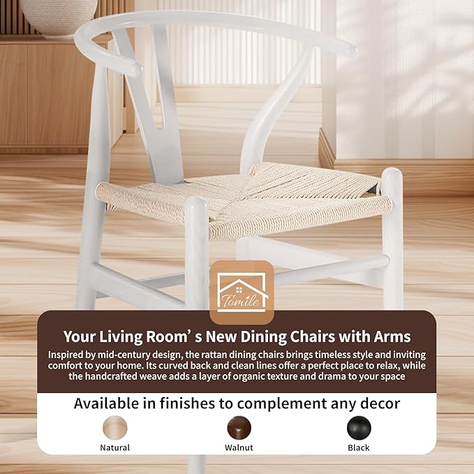 Tomile Wishbone Chair Y Chair, Wooden Dining Chairs, Mid Century Modern Chairs with Arms, Solid Wood Weave Seat Kitchen & Dining Room Chairs (Ash Wood - White)