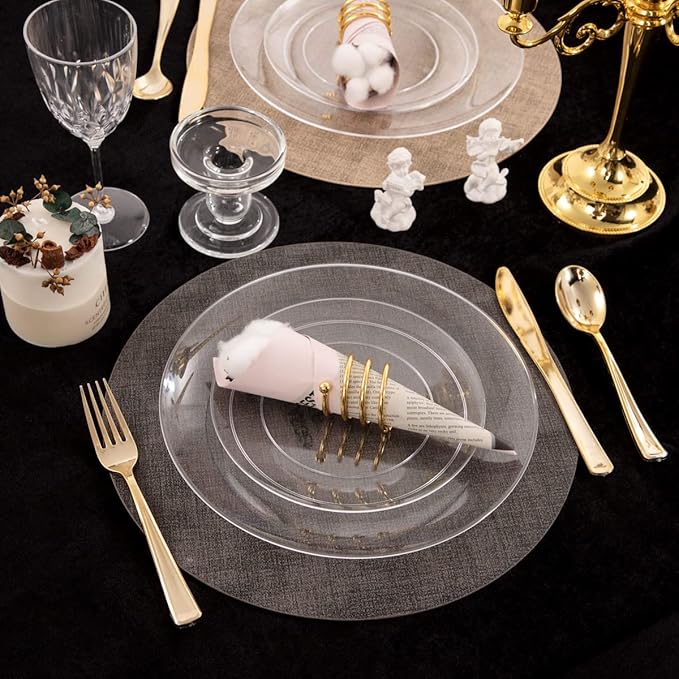 PULOTE 100Pieces Clear Plastic Plates - Premium Heavyweight Plastic Clear Plates Disposable for Wedding&Party Include 50 Clear Dinner Plates, 50 Clear Dessert/Salad Plates