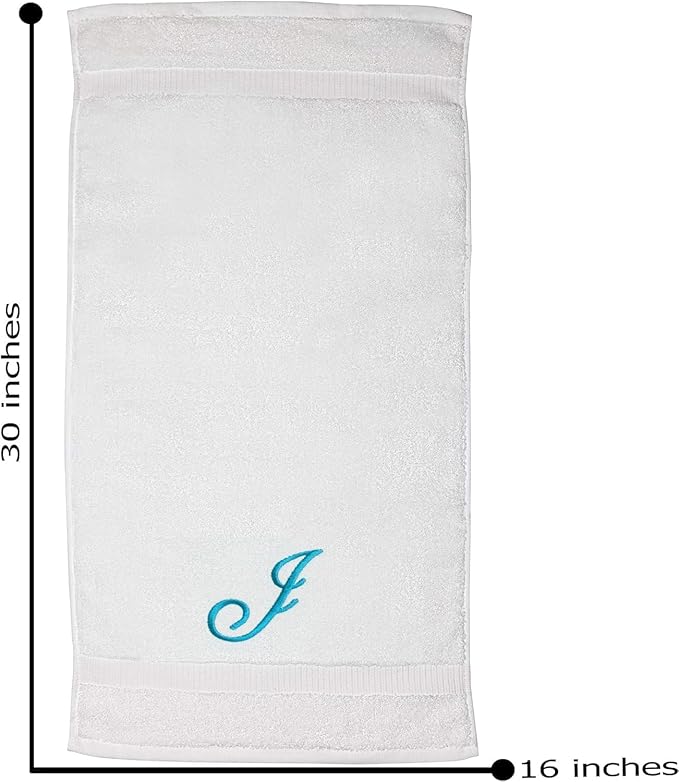 White Monogrammed Hand Towels for Bathroom - Luxury Hotel Quality Personalized Initial Embroidered Towel for Powder Room, Spa - GOTS Organic Certified - Set of 2 Teal Letter J