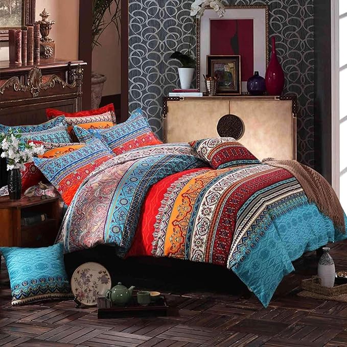 Boho Comforter Set 2 Pieces Lightweight Exotic Yellow Orange Bohemian Mandala Colorful Retro 1 Boho Comforter and 1 Pillowcases for All Seasons