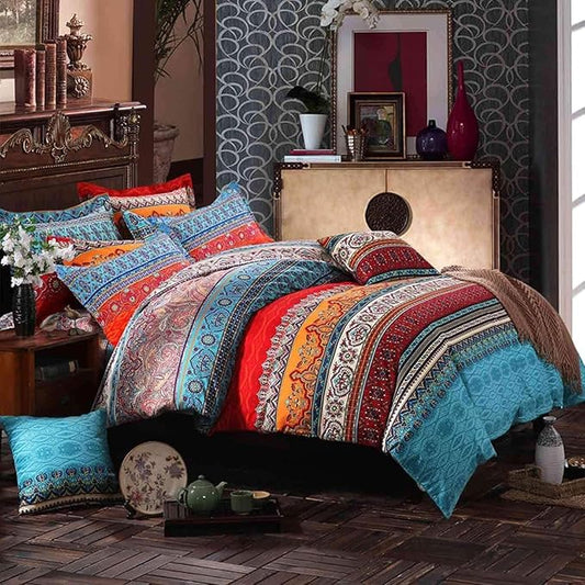 Queen Boho Comforter Set - 3 Pieces Lightweight Exotic Yellow Orange Bohemian Mandala Colorful Retro Boho Comforter and 2 Pillowcases for All Seasons