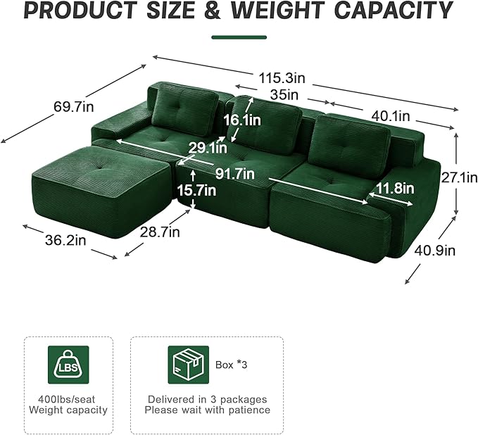115.3'' Sectional Sofa, 32D Foam Corduroy Boneless Couch with Pillow, Deep Seat Wide Arm Sectional L Shaped Couch for Living Room, Apartment, Bedroom