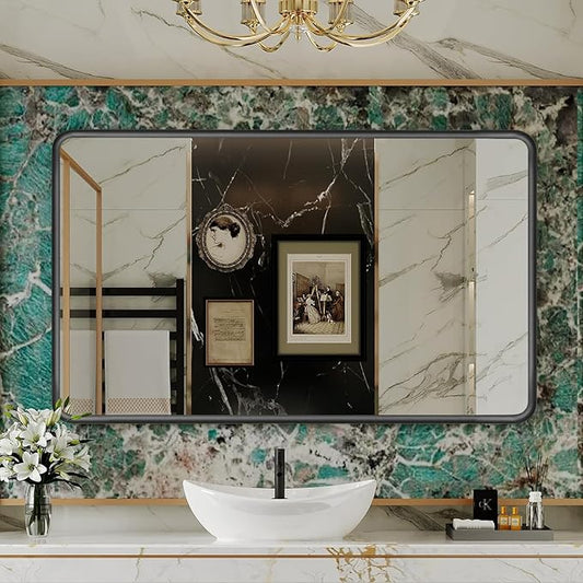 Black Framed Mirrors for Bathroom,55 x 30 Inch Rounded Conner Rectangle Mirror for Wall, Matte Black Vanity Mirror with Tempered Glass,Anti-Rust,Hangs Horizontally or Vertically
