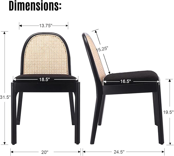 LukeAlon Modern Sherpa Dining Chairs Set of 4, Natural Woven Rattan Cane Back Side Chairs with Solid Wood Legs Mid Century Dinner Chairs for Kitchen Living Room, Black