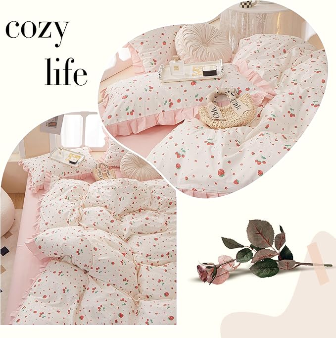 Kawaii Pink Strawberry Duvet Cover Twin Cotton Girls Lace Duvet Cover Cute Ruffle Bedding Set Kawaii Strawberry Ruffle Comforter Cover Romantic Princess Bedding Cover with 2 Pillowcases