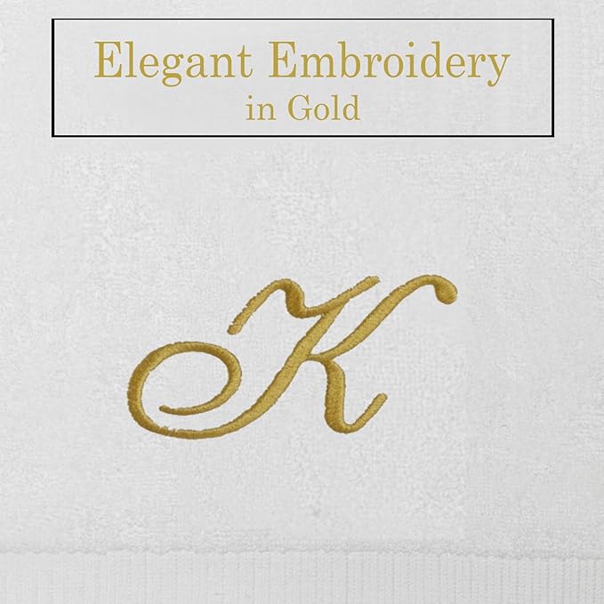White Monogrammed Hand Towels for Bathroom - Luxury Hotel Quality Personalized Initial Embroidered Towel for Powder Room, Spa - GOTS Organic Certified - Set of 2 Gold Letter K