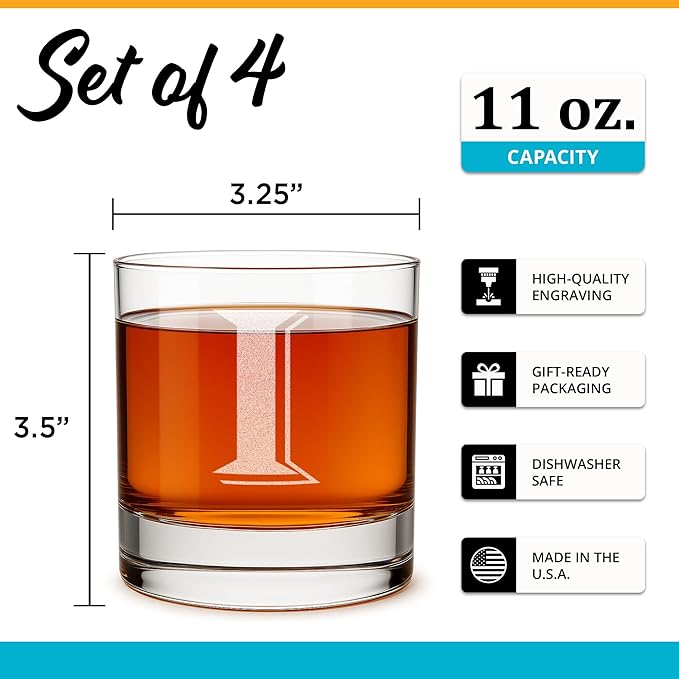 Monogrammed Gifts for Men - 4PC 11 Oz Custom Whiskey Glasses (I-Monogram) - Engraved Whiskey Glasses - Personalized Whiskey Glasses - Unique Bourbon Glasses - Personalized Glass Gifts for Dad