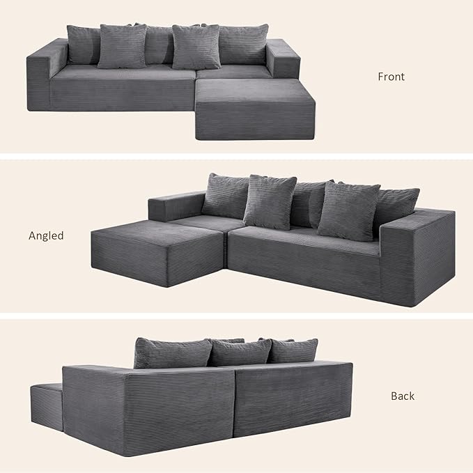 INGEROOM 108" Cloud Sectional Couch with L-Shape Chaise, Modular Sofa Memory Foam, 3 Module Boneless Sofa with Movable Ottoman, Upholstered Couches for Living Room, No Assembly Required, Dark Gray