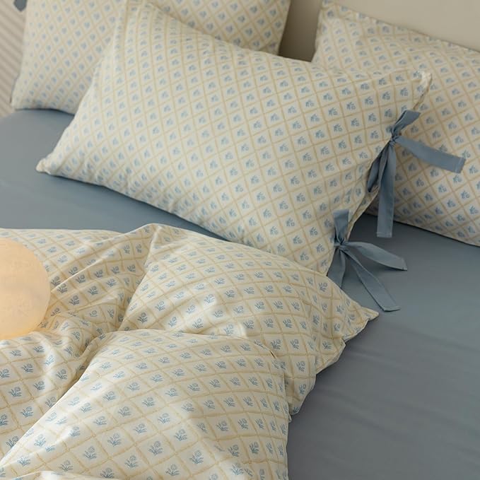 Blue Floral Duvet Cover Twin Soft Cotton Garden Style Floral Bedding Comforter Cover Plaid Grid Design Vintage Blue Flower Duvet Cover with 2 Bowknot Pillowcases Botanical Cottagecore Bedding Set