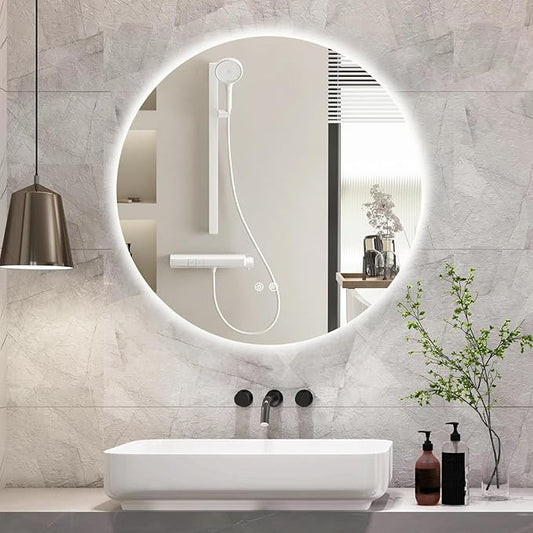 28 Inch Round LED Bathroom Mirror Backlit Anti-Fog Wall Mounted Lighted Bathroom Vanity Mirror 3 Colors Light Dimmable Smart Makeup Mirror with Touch Switch