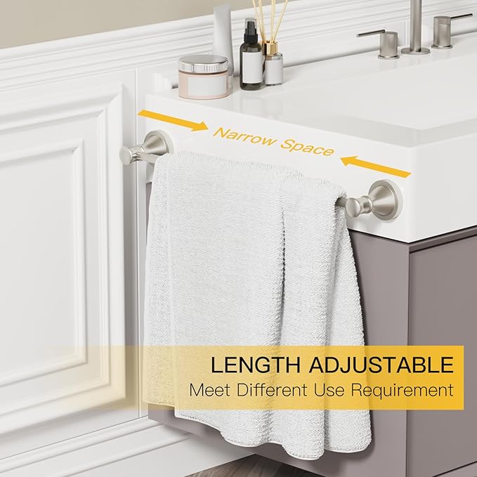 BESy Adjustable Bronze 16 to 26 Inch Bath Towel Bar Rack for Bathroom Towel Holder, Wall Mounted Towel Bar Rod Hanger Bathroom Hardware Accessories Hotel Style, Stainless Steel, Brushed Nickel