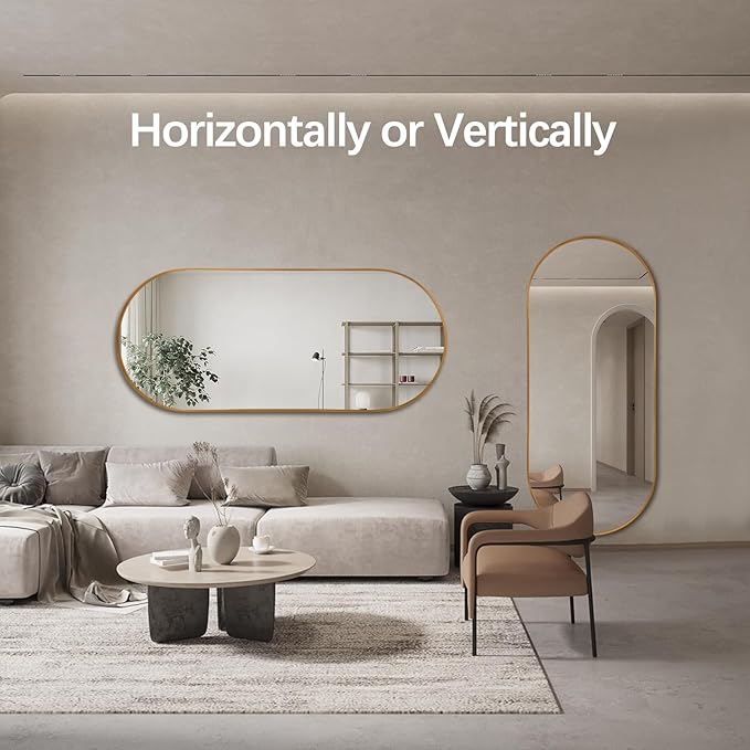 Oval Full Length Mirror, 71"×32" Wall-Mounted Floor Mirror with Metal Frame, Ultra-Clear Explosion-Proof Dressing Mirror, Simple and Classic Deco for Cloakroom/Bedroom/Living Room, Gold